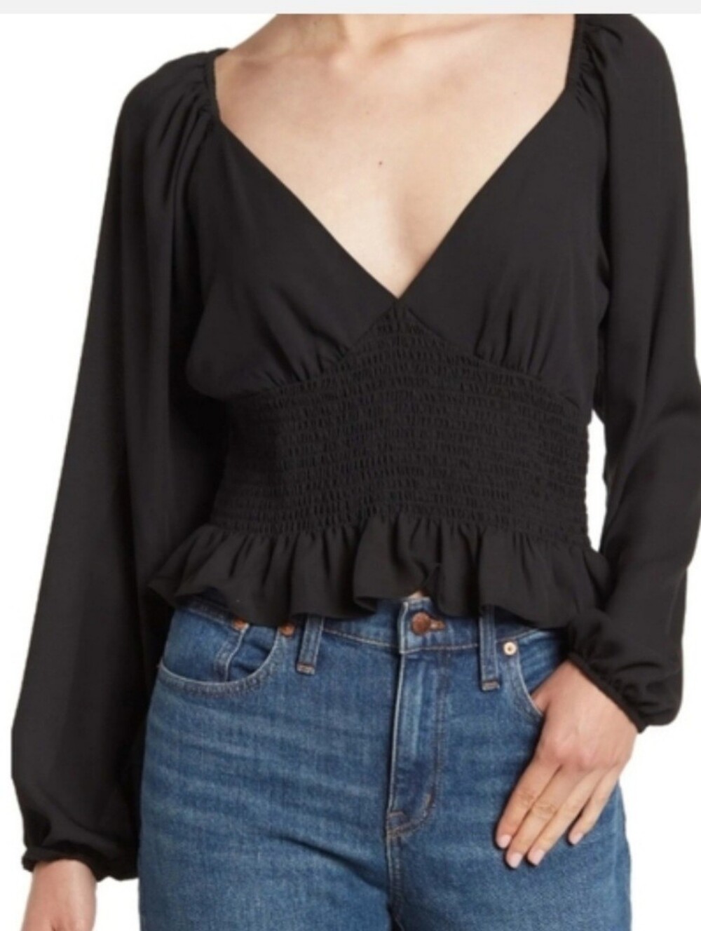 Wayf Smoched waist raglan top‎ black